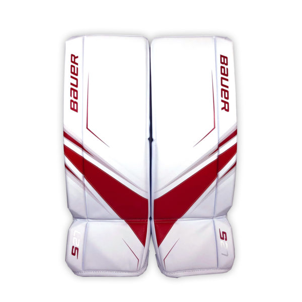 Bauer Supreme S27 Senior Goalie Leg Pads in Red and White on Front