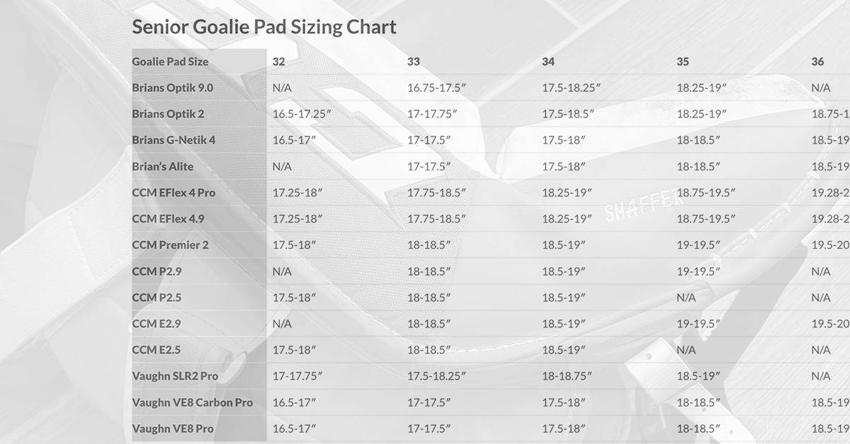 reebok goalie size chart